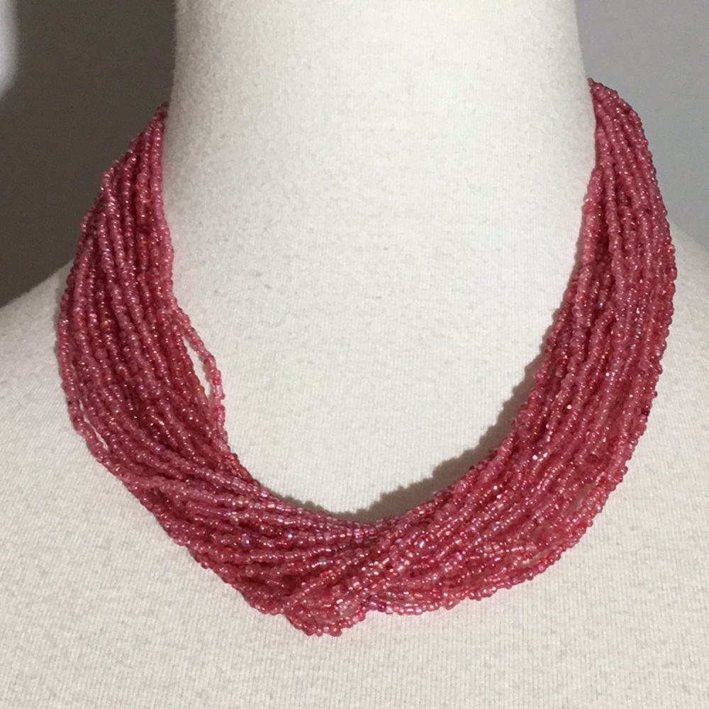 Beaded Necklace, multi strands of pink seed beads, adjustable chain, versatile